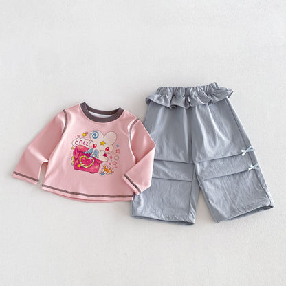 キッズ用キャラクタープリント長袖Tシャツ ピンク＋グレーのパンツ風ショート