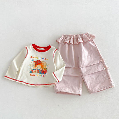 キッズ用キャラクタープリント長袖Tシャツ ホワイト＋ピンクのパンツ風ショート