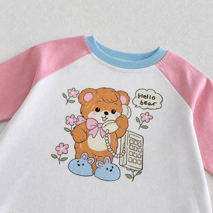 キッズ長袖Tシャツ・配色ラグラン、くま「Hello bear」プリント（白×ピンク/水色）
