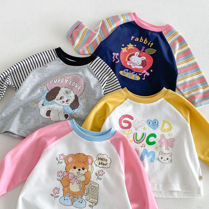 キッズ長袖Tシャツ（配色ラグラン）複数カラー、うさぎ/犬/くま柄のキャラクタープリント