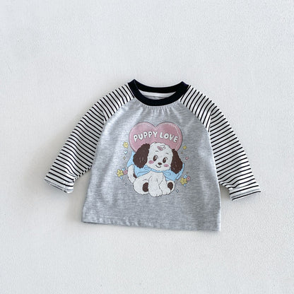 キッズ長袖Tシャツ・配色ラグラン、子犬「PUPPY LOVE」プリント（グレー×黒白ボーダー）