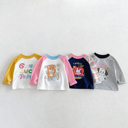 キッズ配色ラグラン長袖Tシャツ5枚、キャラクタープリントのカラフル配色