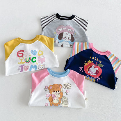 キッズ配色ラグラン長袖Tシャツ4枚、グレー系・イエロー・ピンク・ネイビー