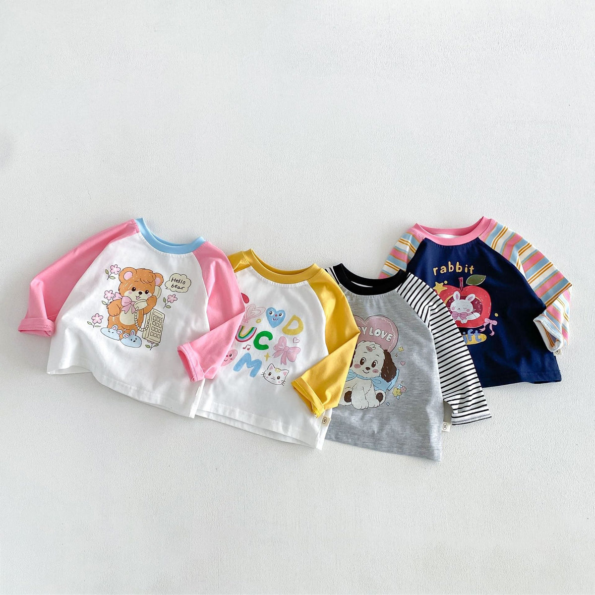 キャラクタープリントのキッズ配色ラグラン長袖Tシャツ4枚セット、動物デザイン