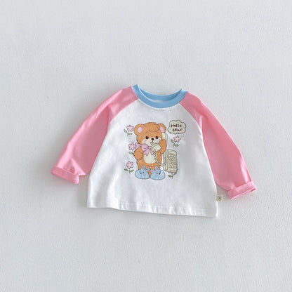 ピンクのキッズ用ラグラン長袖Tシャツ くまキャラクター「Hello」プリント