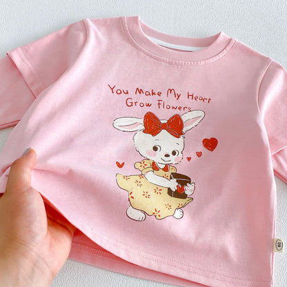 キッズ用長袖Tシャツ（重ね着風）ピンク系、ウサギキャラ中央プリント