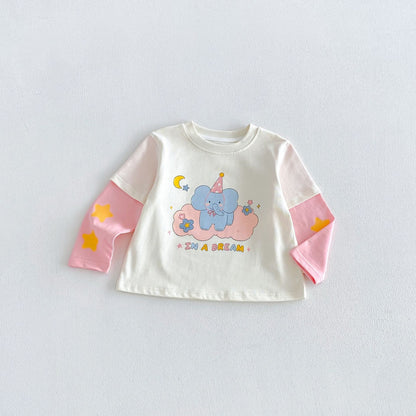 キッズ用フェイクレイヤード風長袖Tシャツ（白×ピンク、ゾウ/星柄）