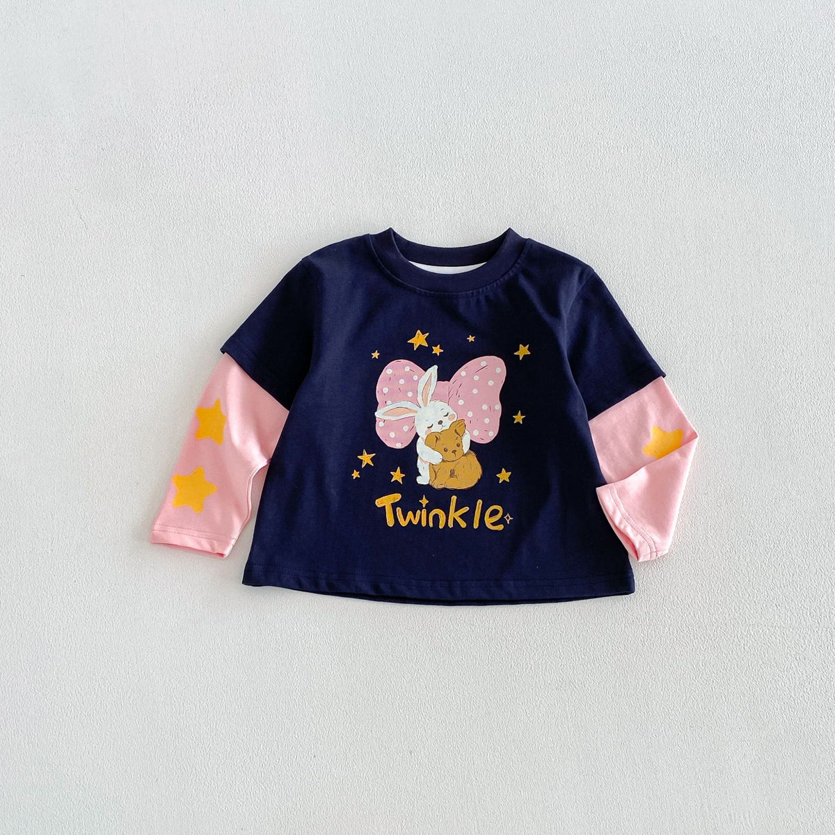 キッズ用フェイクレイヤード風長袖Tシャツ（ネイビー、Twinkle柄、長袖）