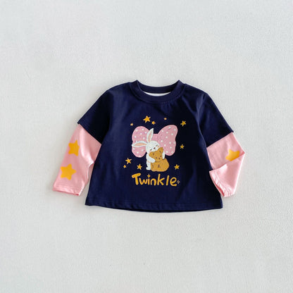 キッズ用フェイクレイヤード風長袖Tシャツ（ネイビー、Twinkle柄、長袖）
