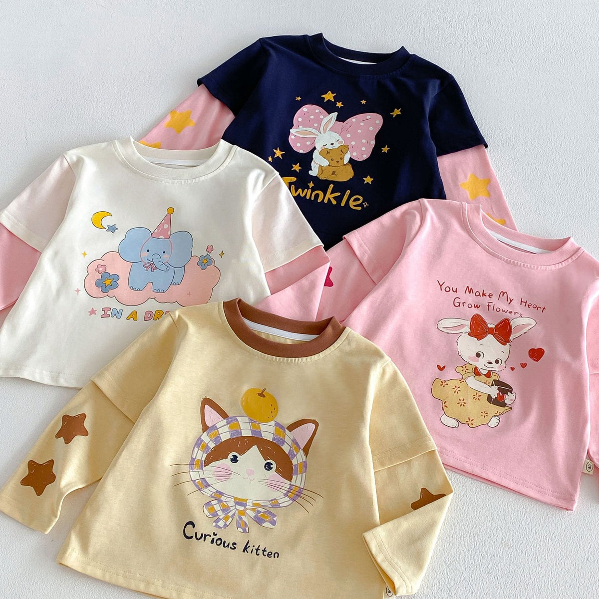 キッズ用フェイクレイヤード風長袖Tシャツ4色（ネイビー/白/ピンク/ベージュ）