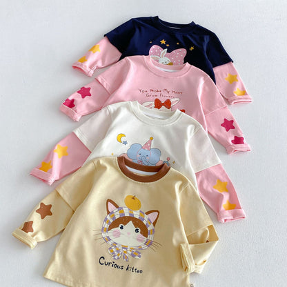 キッズ用フェイクレイヤード風長袖Tシャツ3色（ネイビー/ピンク/白/イエロー）