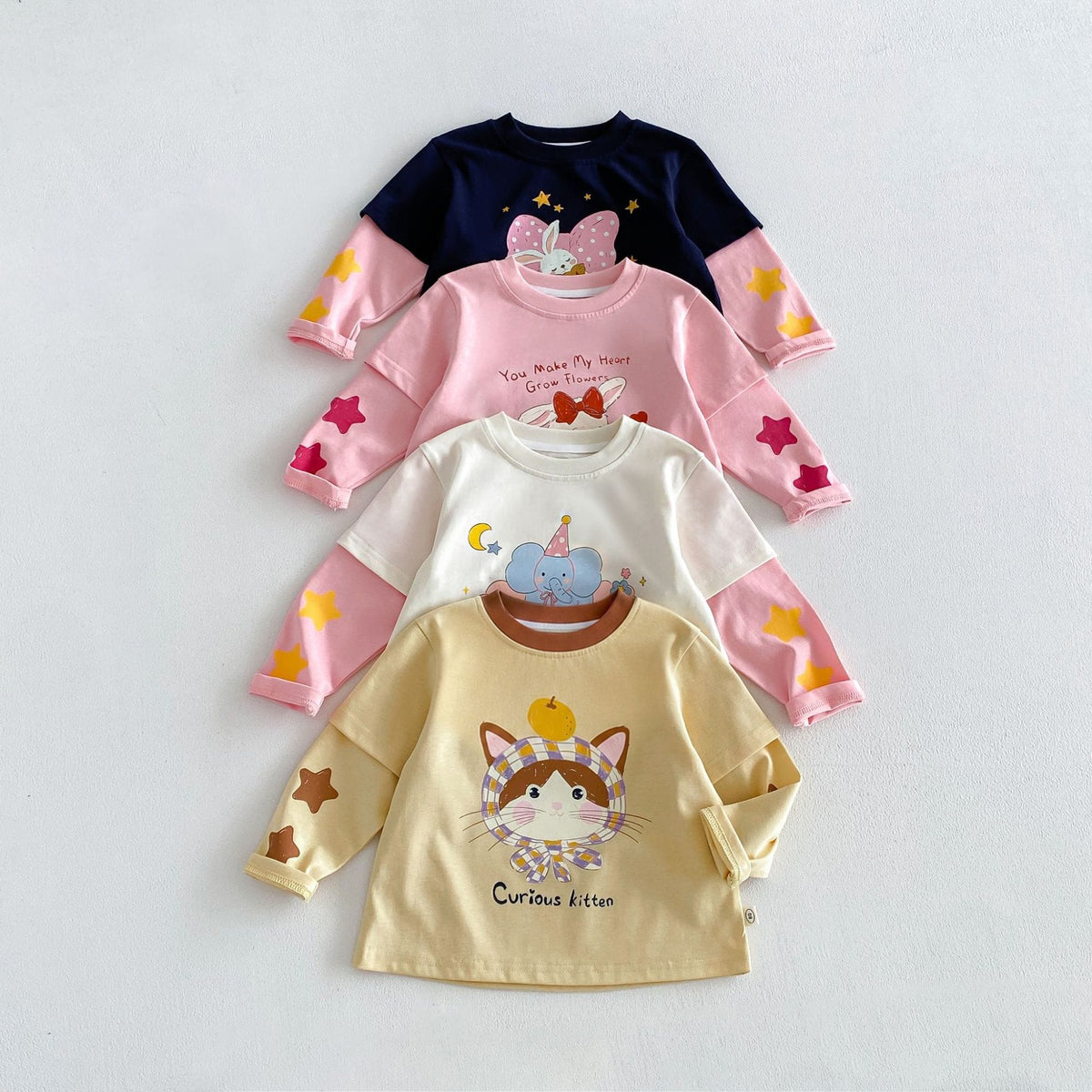 キッズ用フェイクレイヤード風長袖Tシャツ3色重ね着風（ネイビー/ピンク/ベージュ）