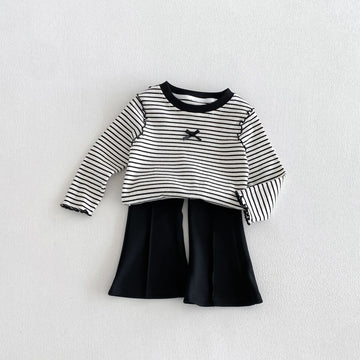 キッズ ボーダー リボン メロー 長袖Tシャツ フレアパンツ【mh0014042】 mamahalo kids 長袖セットアップ