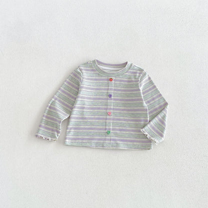 キッズ用ボーダー長袖Tシャツ（ミントグリーン）。カラフルボタン付き