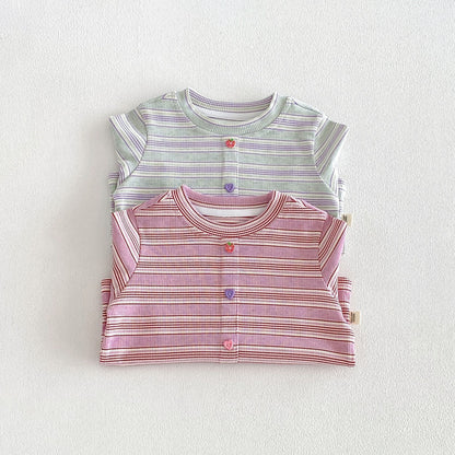 キッズ用ボーダー長袖Tシャツ。ミントグリーンとピンクの2色、カラフルボタン付き