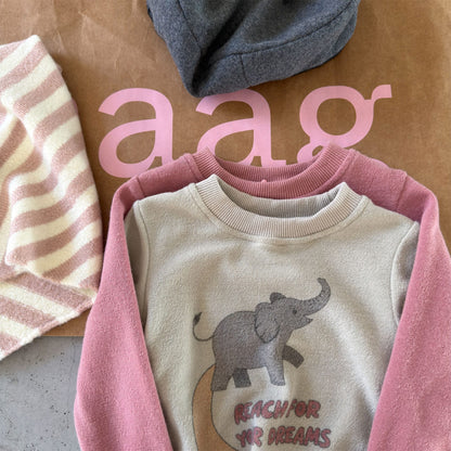 キッズ用長袖Tシャツ クリーム×ピンク 配色 ゾウプリント入り