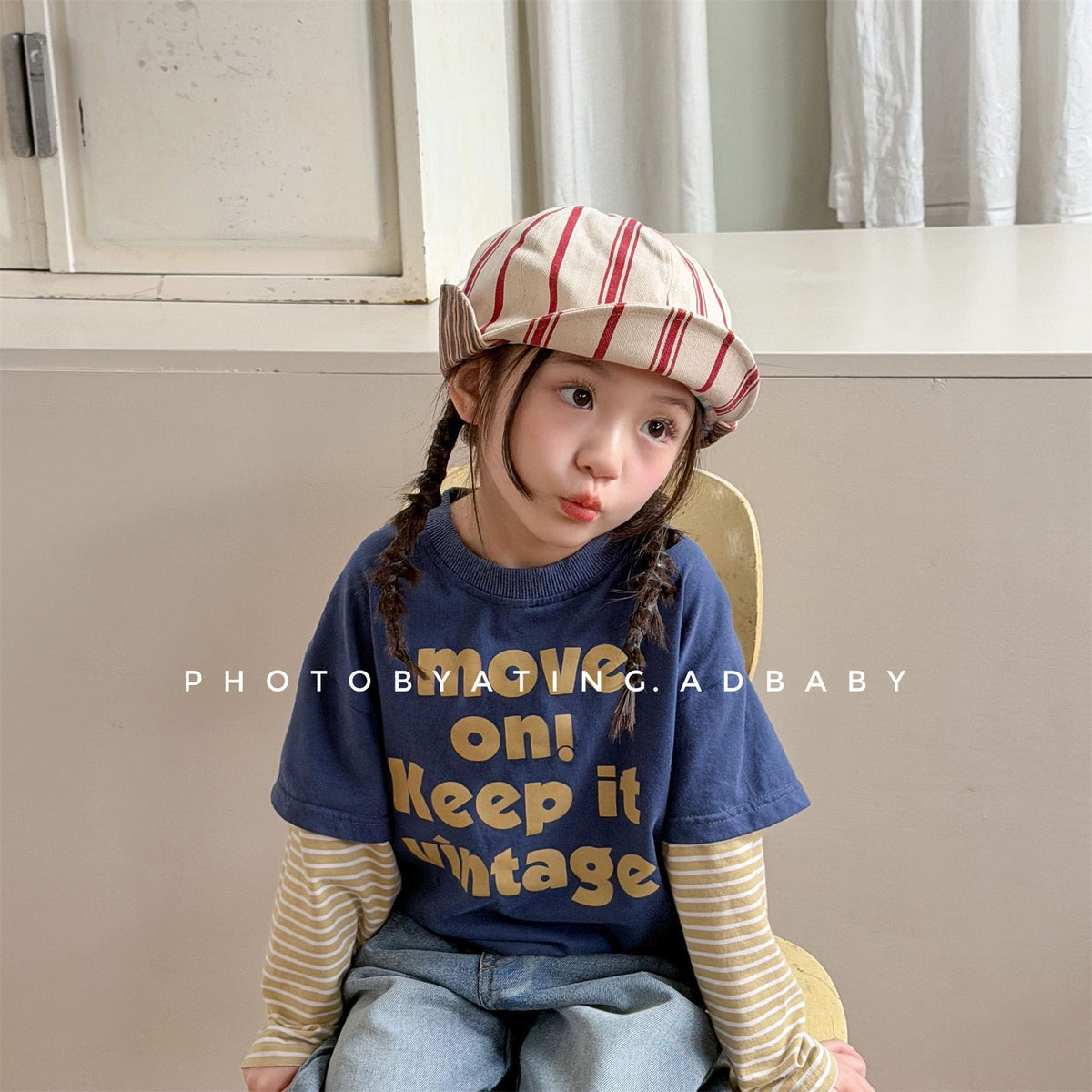 キッズ ボーダー レイヤード風 英字プリント ルーズ 長袖Tシャツ【mh0014068】 ADbaby 長袖Tシャツ