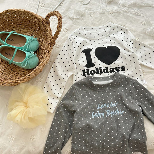 キッズ用白ドット柄ロゴプリント長袖Tシャツ、I♡Holidaysデザイン