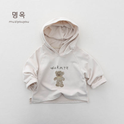フード付き長袖Tシャツ（ホワイト） 胸元ベア＆「WARMTH」プリント