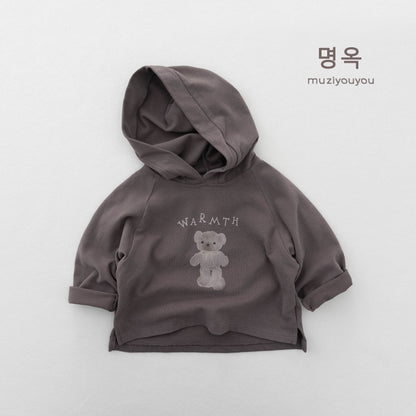フード付き長袖Tシャツ（グレー） 胸元ベア＆「WARMTH」プリント