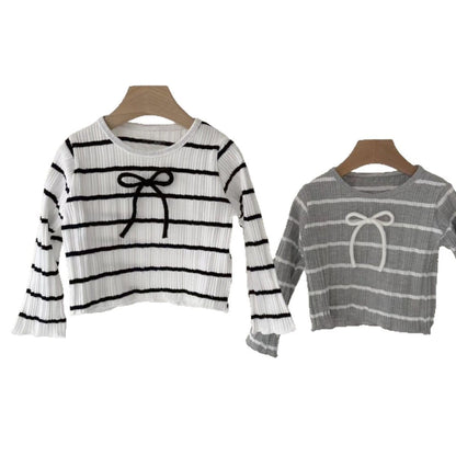 ボーダー長袖Tシャツ（白×黒とグレー×白）リボン刺繍付き