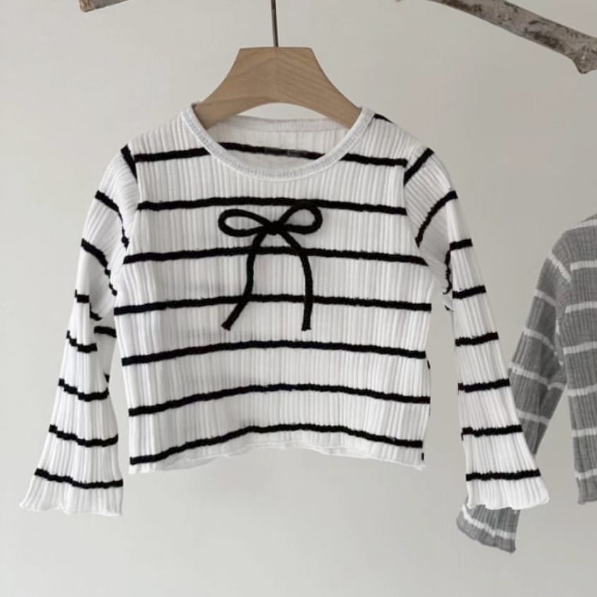 ベビー ボーダー リボン 長袖Tシャツ フレアパンツ【mh0014396】 Black-White T-shirt / 66cm BBAMMA 長袖セットアップ
