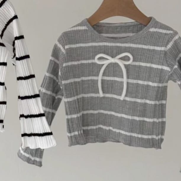 ベビー ボーダー リボン 長袖Tシャツ フレアパンツ【mh0014396】 Gray-White T-shirt / 66cm BBAMMA 長袖セットアップ