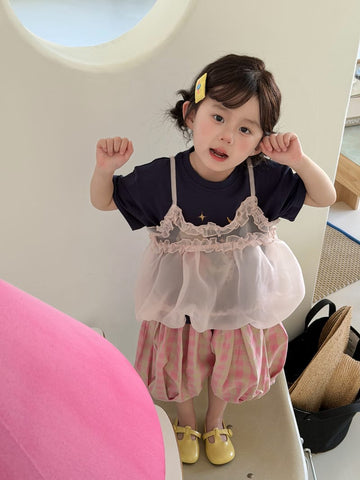 T-shirt & Tulle Tunic & Pants Set イラスト Tシャツ チュチュ チュニック パンツ【mh0012761】 Pink Suspender / 90cm MaiTianJi 半袖セットアップ