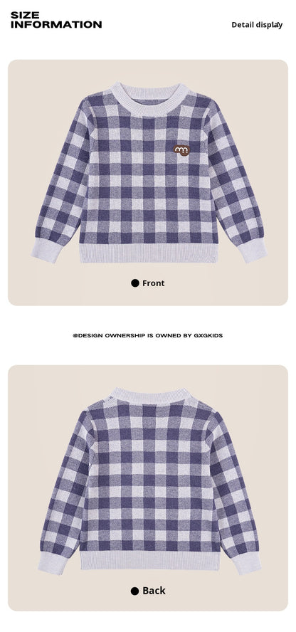 -長袖ニットセーター 綿100% チェック柄 クルーネック シンプル【mh0011341】 - mamahalo shop - ニット・セーター -  べビー服 - 子供服 - 男の子 - 女の子