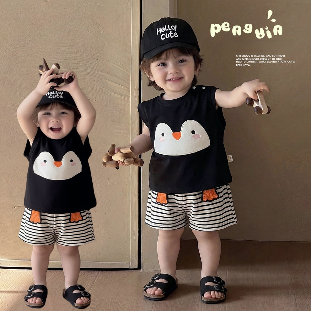 Penguin Applique Sleeveless Set ボーダー ノースリーブTシャツ セット【mh0012846】