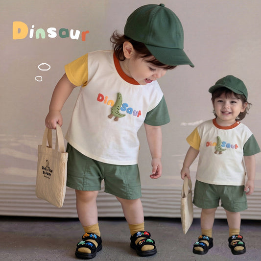 Dinosaur Cartoon Set Dinosaur Embroidery Short Sleeve T-Shirt and Shorts [mh0012855]
