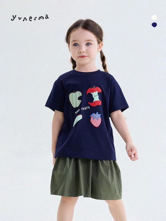 アップリケ パッチワーク 星 フルーツ クルーネック 半袖Tシャツ【mh0013743】