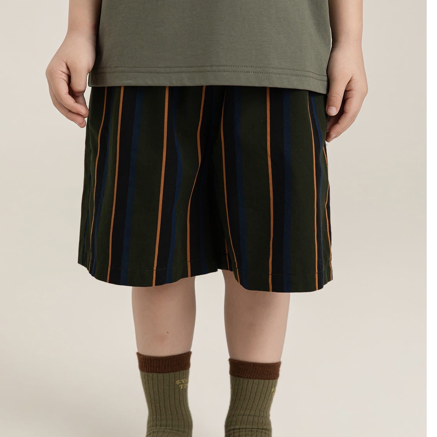 Textured Cotton Shorts ストライプ チェック ショートパンツ【mh0012728】 Army Green / 90cm YoehYaul ハーフパンツ・ショートパンツ