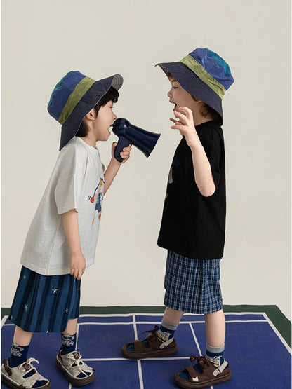 ネイビー系チェック柄ショートパンツ、ゴムウエストのキッズ用