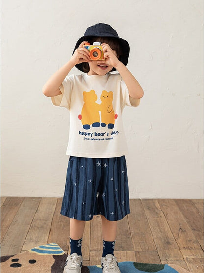 紺色の星柄コットンショートパンツ、子ども用