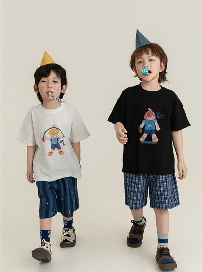 青系チェック柄のコットンショートパンツ、子ども用