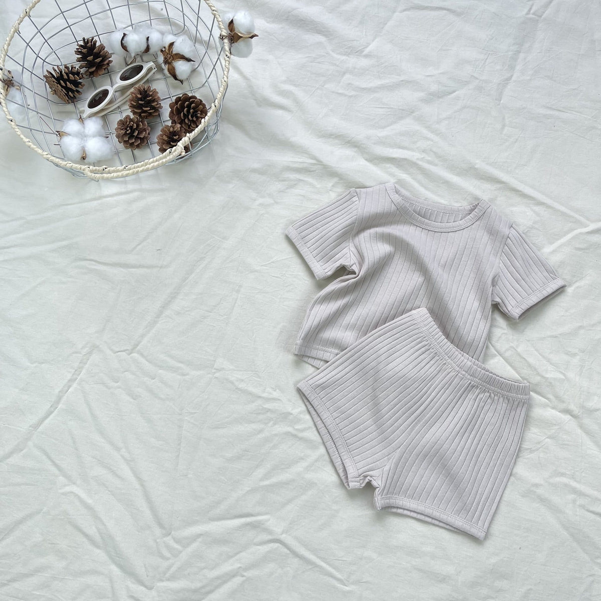 Textured Solid Color Set 半袖Tシャツ ショートパンツ【mh0012899】 Apricot / 73cm yi nian ni 半袖セットアップ