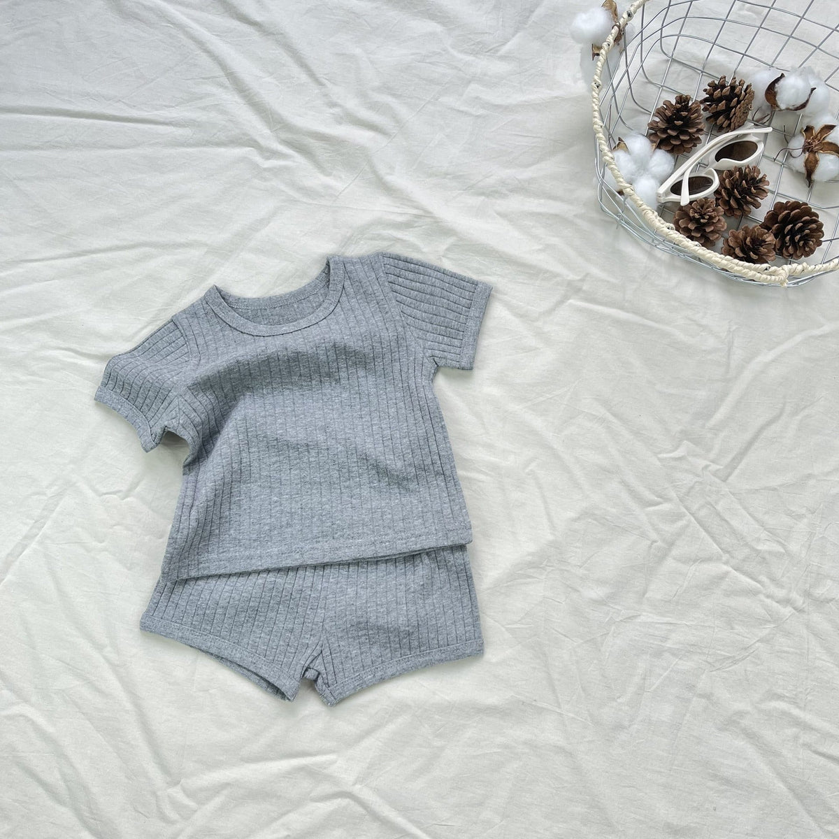 Textured Solid Color Set 半袖Tシャツ ショートパンツ【mh0012899】 Gray / 73cm yi nian ni 半袖セットアップ