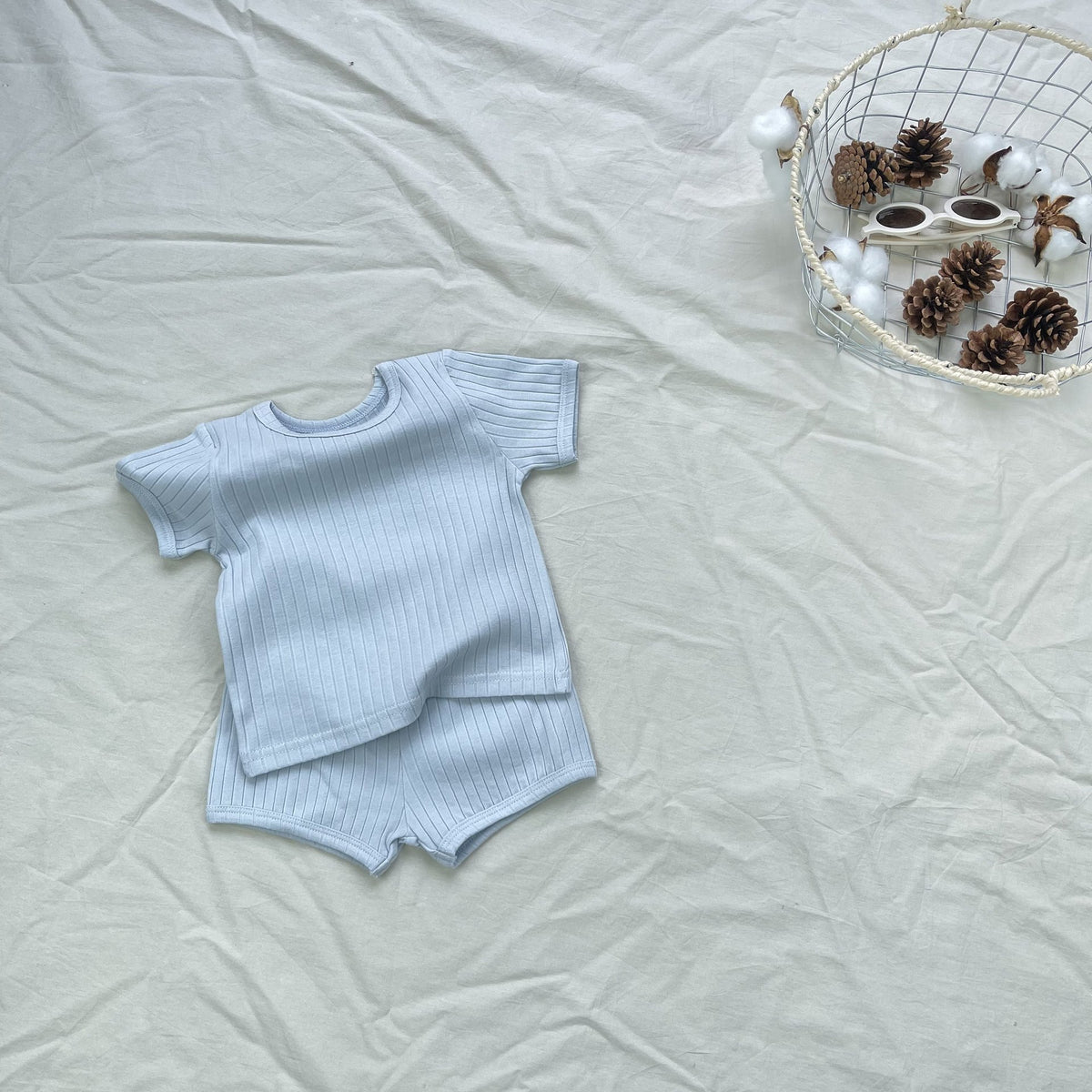 Textured Solid Color Set 半袖Tシャツ ショートパンツ【mh0012899】 Light Blue / 73cm yi nian ni 半袖セットアップ