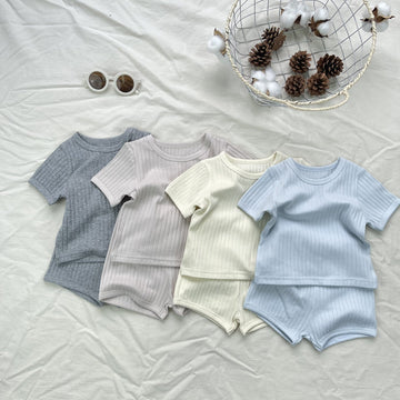 Textured Solid Color Set 半袖Tシャツ ショートパンツ【mh0012899】 yi nian ni 半袖セットアップ