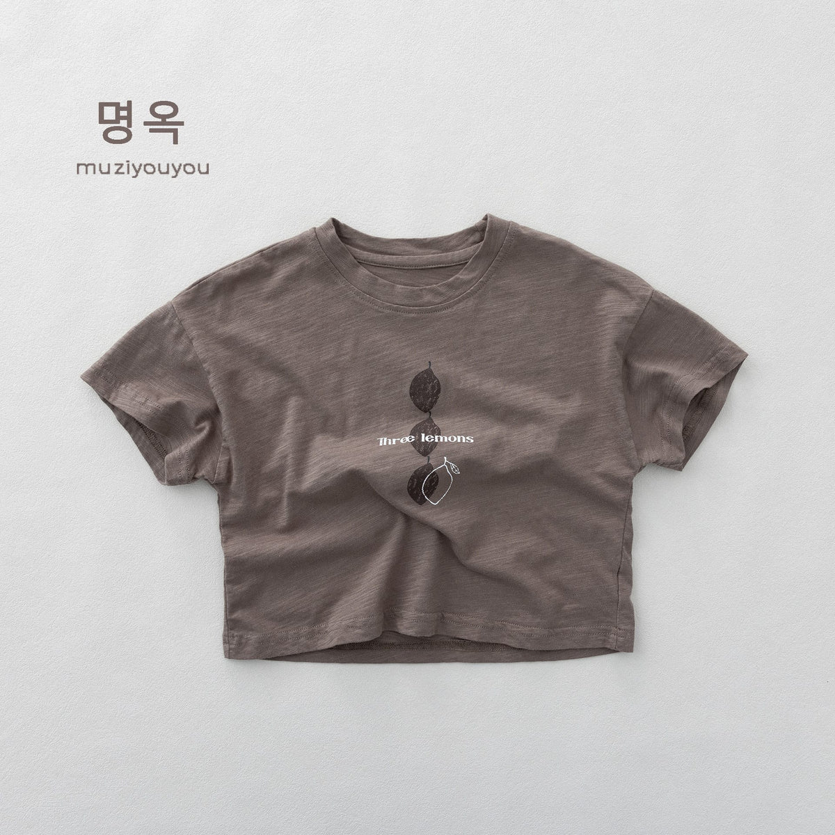 グレーの半袖Tシャツ、レモン柄のフロントプリント