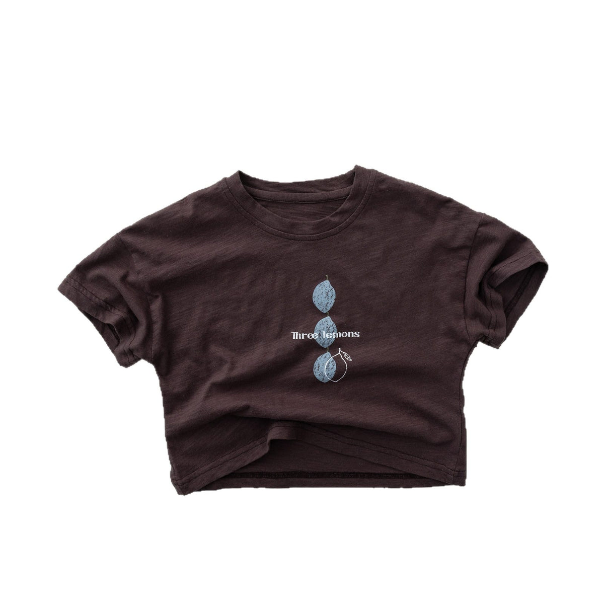 ダークブラウンの半袖Tシャツ、胸元レモン柄グラフィック