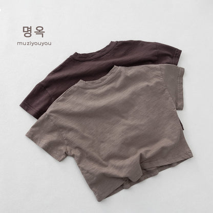 グレーとダークブラウンの半袖Tシャツ、レモン風グラフィックプリント