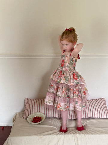 Tiered Cotton Gauze Dress 小花柄 スクエアネック キャミソールワンピース【mh0012820】 Chengle ノースリーブワンピース