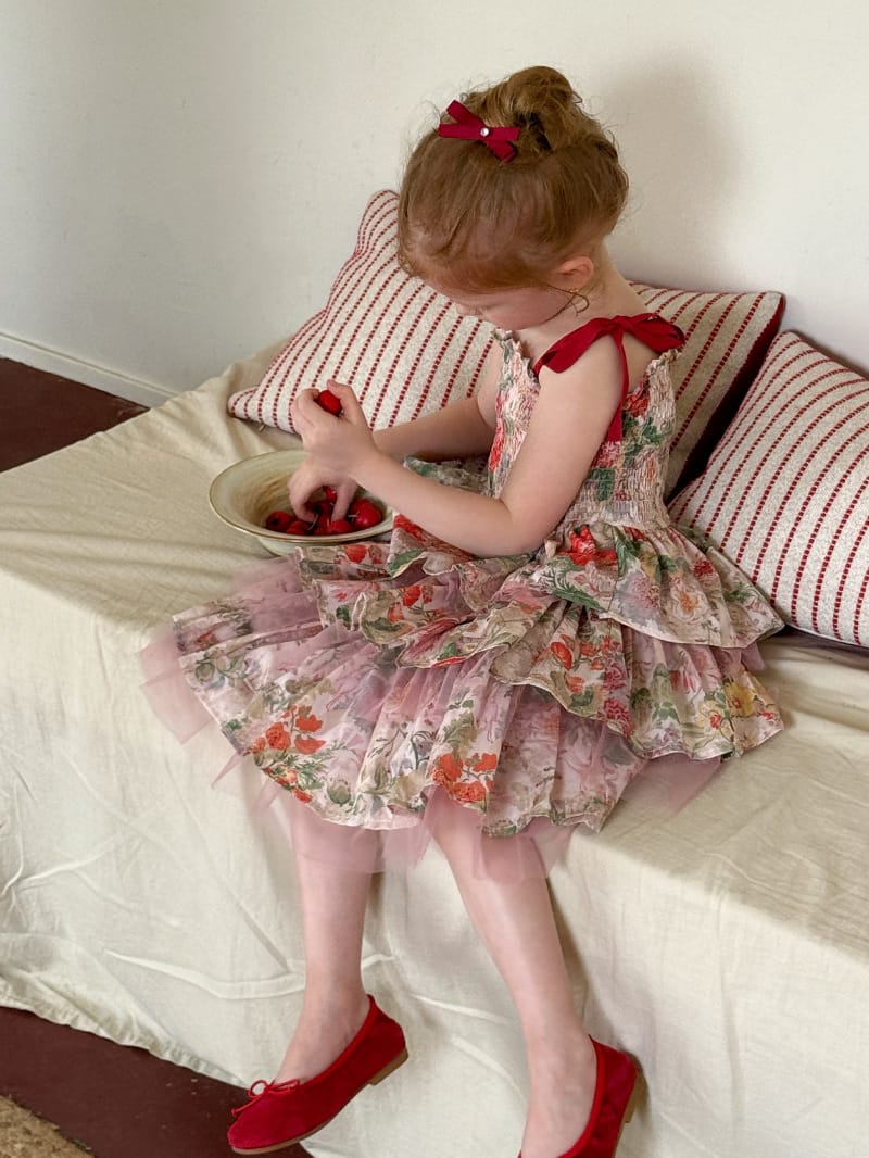 Tiered Cotton Gauze Dress 小花柄 スクエアネック キャミソールワンピース【mh0012820】 Red / 90cm Chengle ノースリーブワンピース