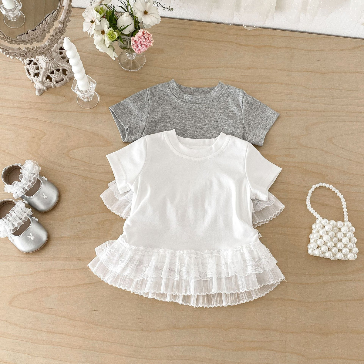 Tiered Lace Hem Ribbed T-shirt 裾フリルレース 半袖Tシャツ【mh0012702】 angou 半袖Tシャツ