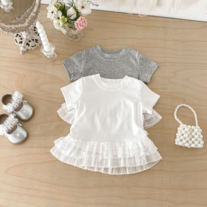 Tiered Lace Hem Ribbed T-shirt 裾フリルレース 半袖Tシャツ【mh0012702】 angou 半袖Tシャツ