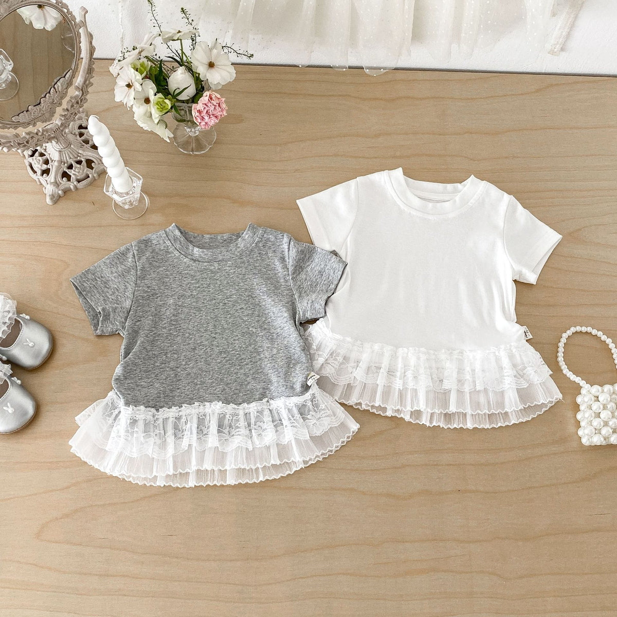 Tiered Lace Hem Ribbed T-shirt 裾フリルレース 半袖Tシャツ【mh0012702】 angou 半袖Tシャツ