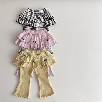 Tiered Skirt Ribbed Flared Pants ストライプフリル付ロングパンツ【mh0012935】 yi nian ni レギンスパンツ