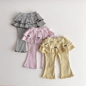 Tiered Skirt Ribbed Flared Pants ストライプフリル付ロングパンツ【mh0012935】 yi nian ni レギンスパンツ